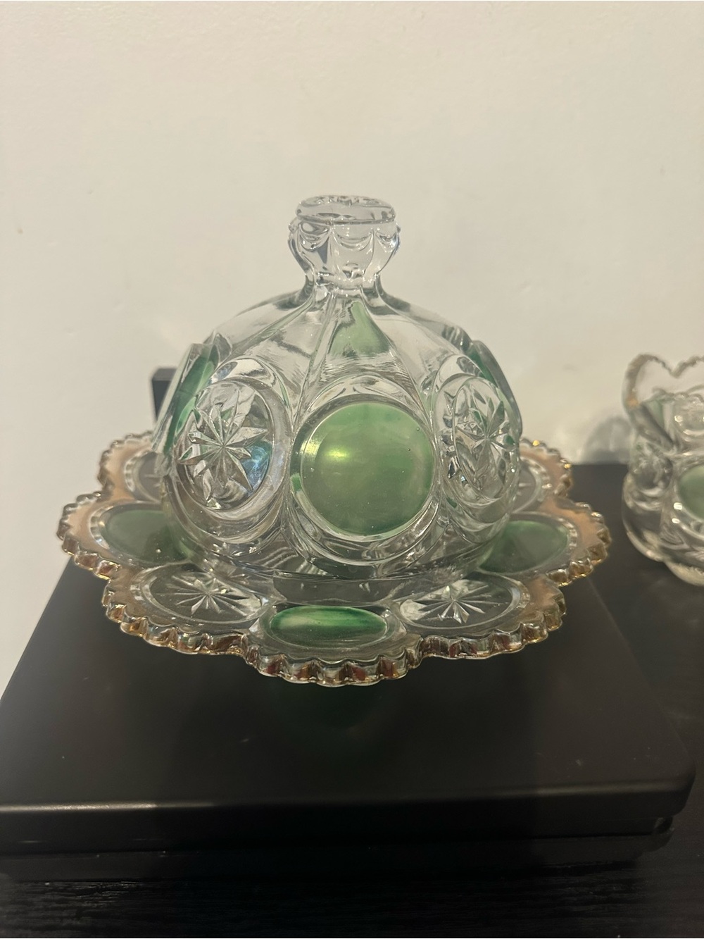 Green Glass Covered Butter Dish
